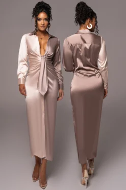 Taupe Color Block Satin Midi Dress