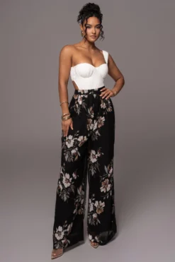 Grey Floral Josette Wide-Leg Pleated Pants