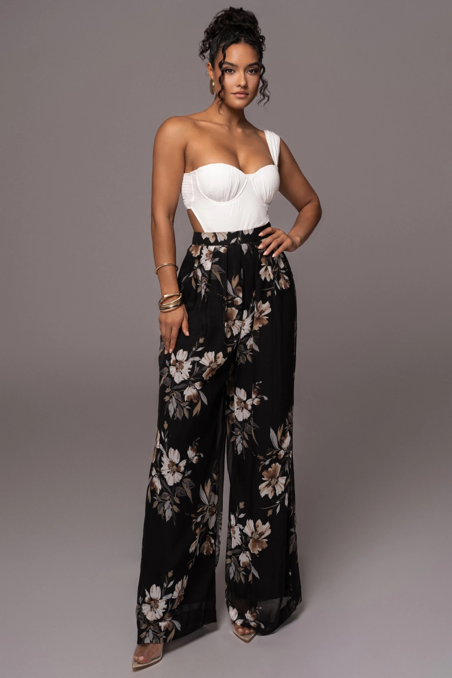 Grey Floral Josette Wide-Leg Pleated Pants