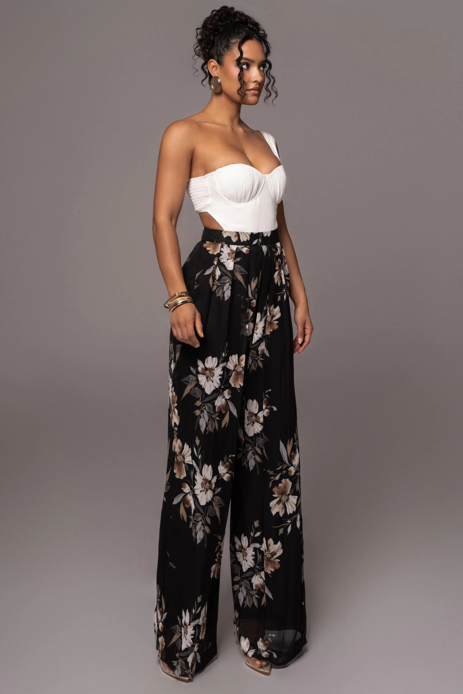 Grey Floral Josette Wide-Leg Pleated Pants - Image 4
