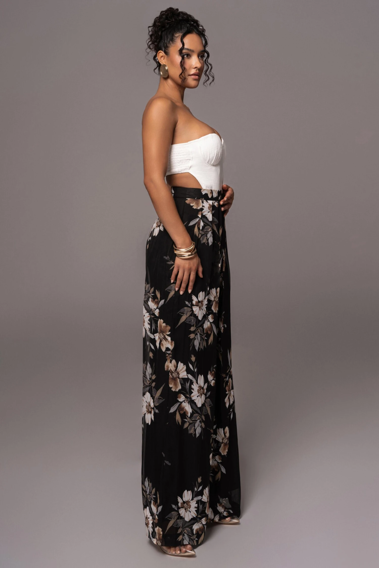 Grey Floral Josette Wide-Leg Pleated Pants - Image 5