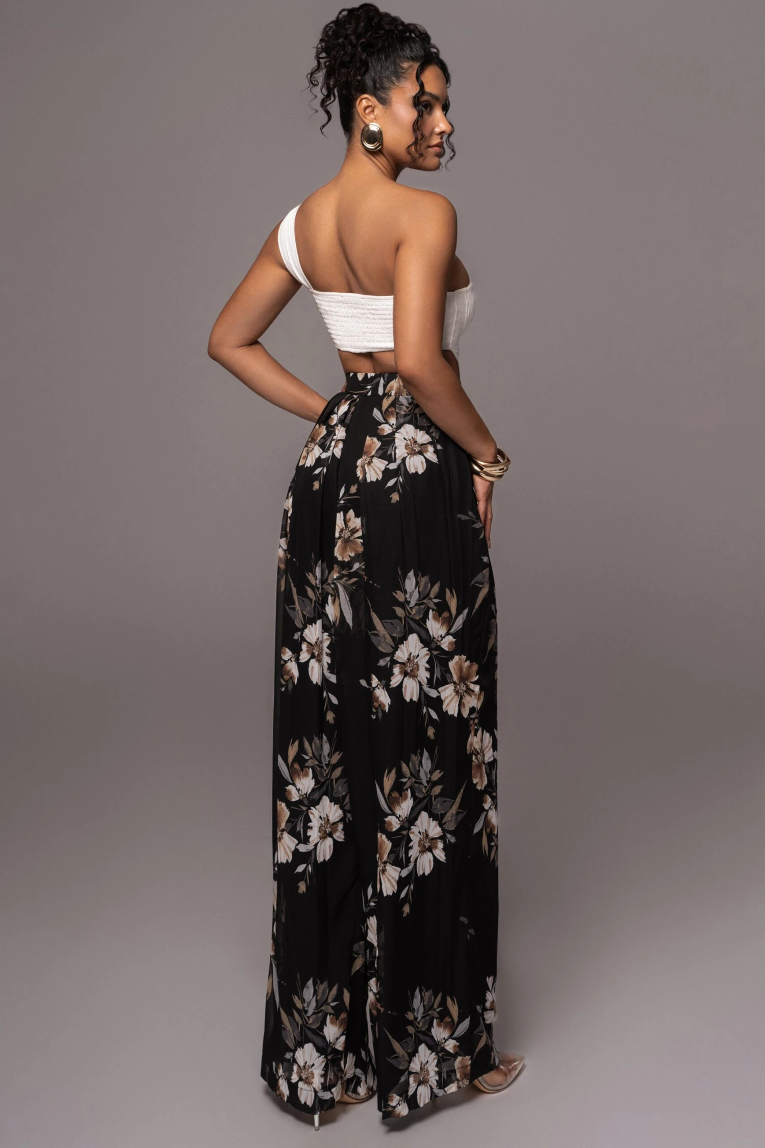Grey Floral Josette Wide-Leg Pleated Pants - Image 6