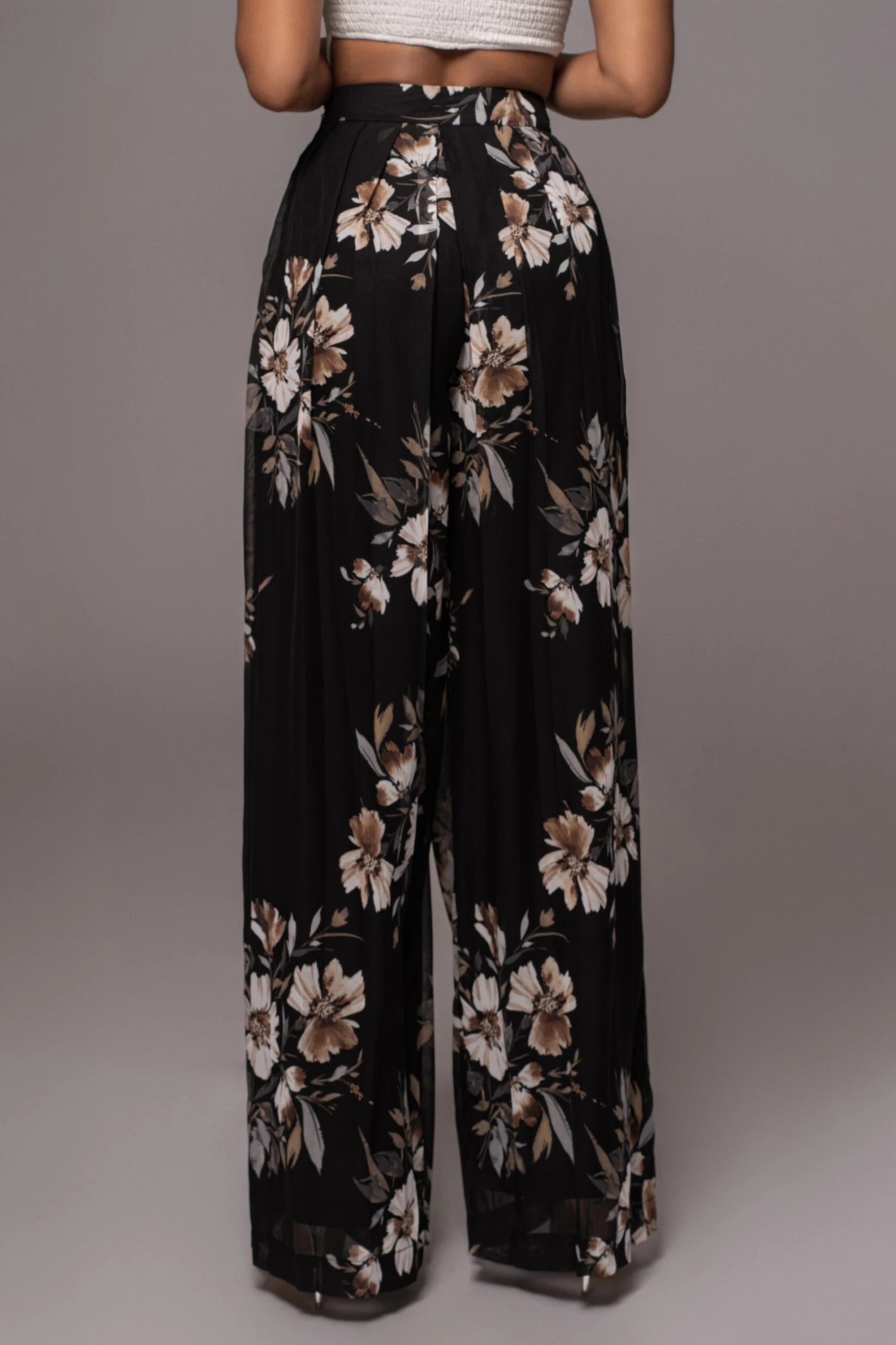 Grey Floral Josette Wide-Leg Pleated Pants - Image 9