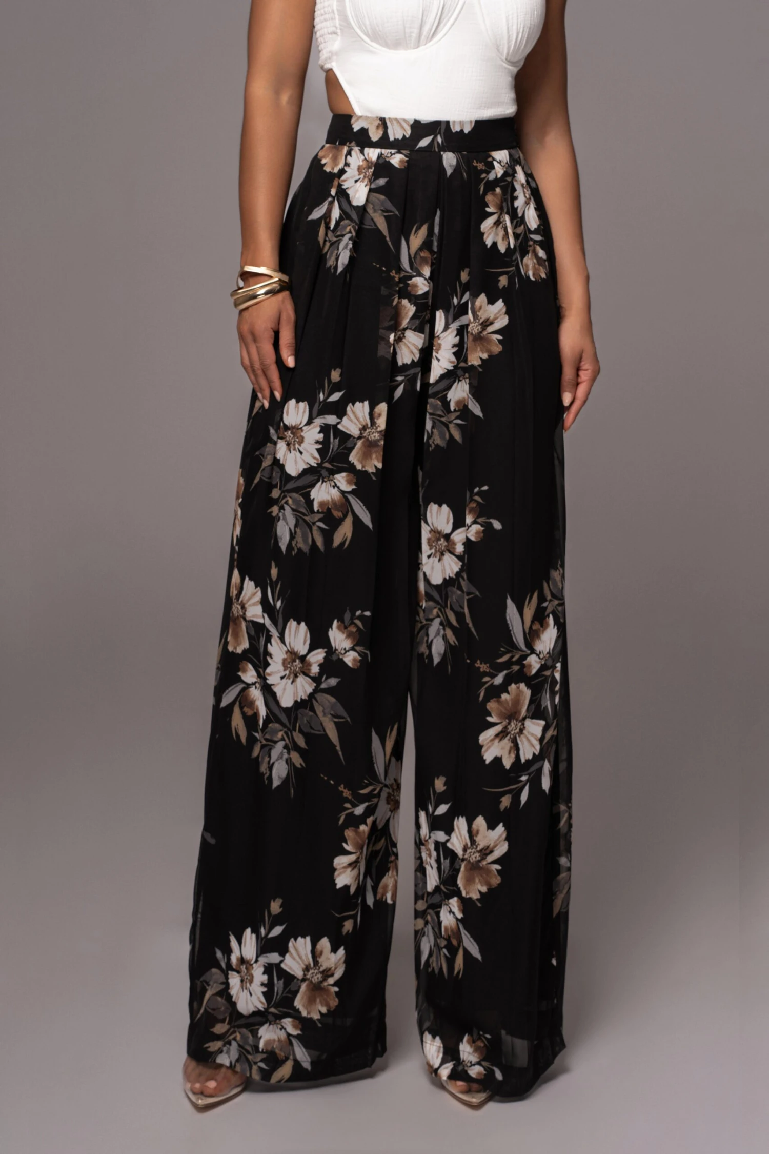 Grey Floral Josette Wide-Leg Pleated Pants - Image 2