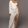 White Evita Linen Draped Dress