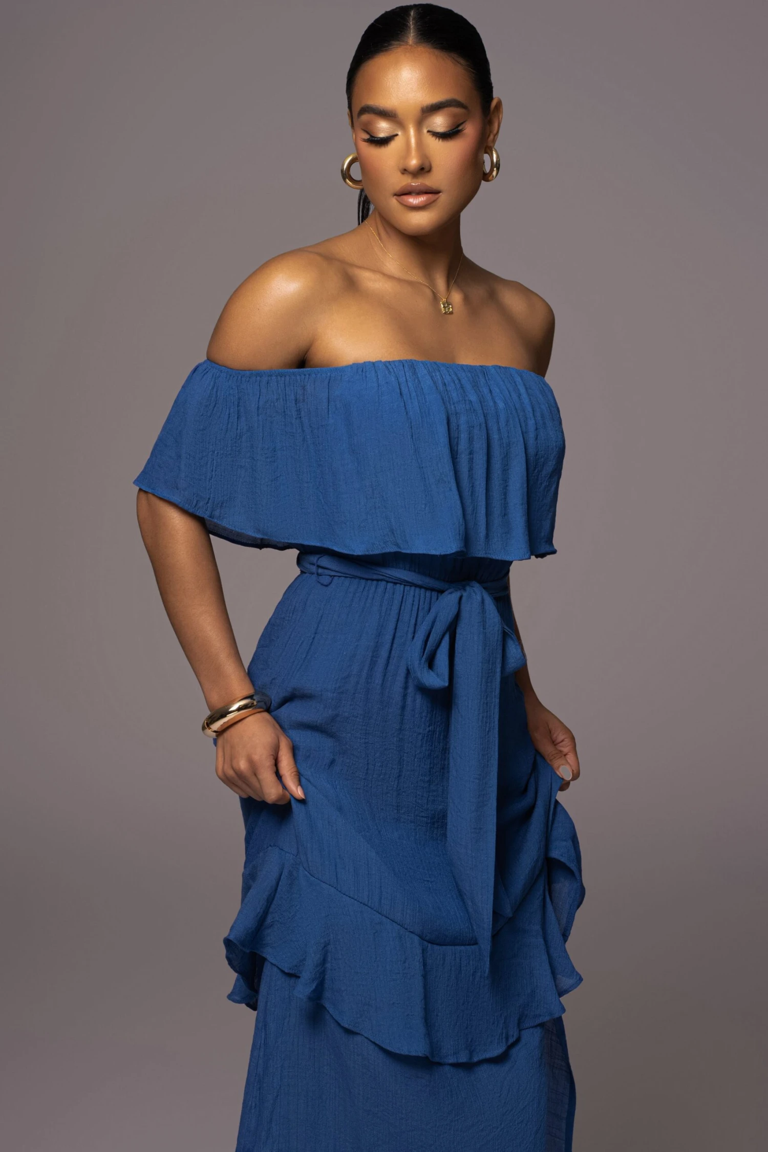 Blue Marsela Off-Shoulder Linen Maxi Dress - Image 2