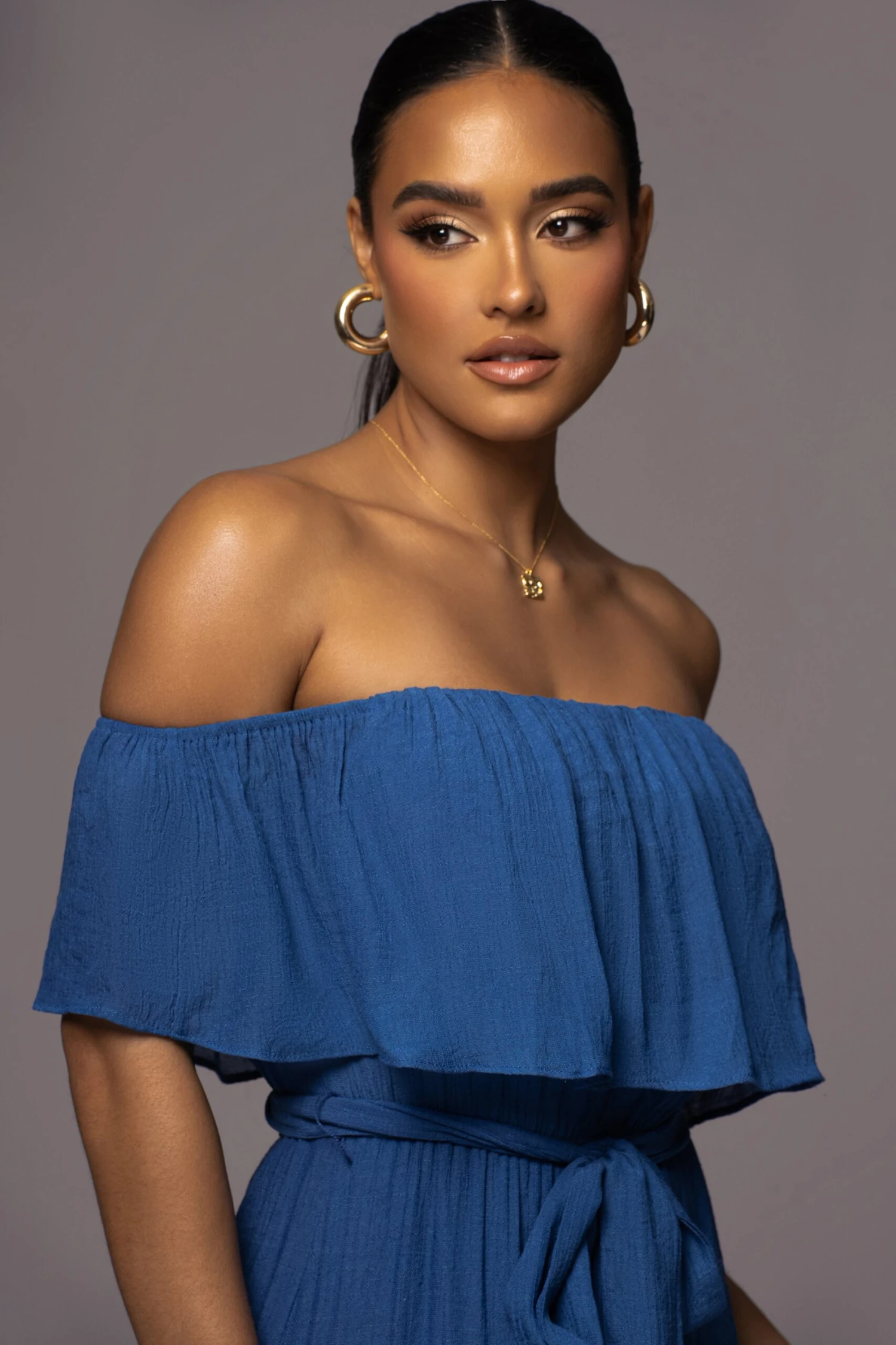 Blue Marsela Off-Shoulder Linen Maxi Dress - Image 3