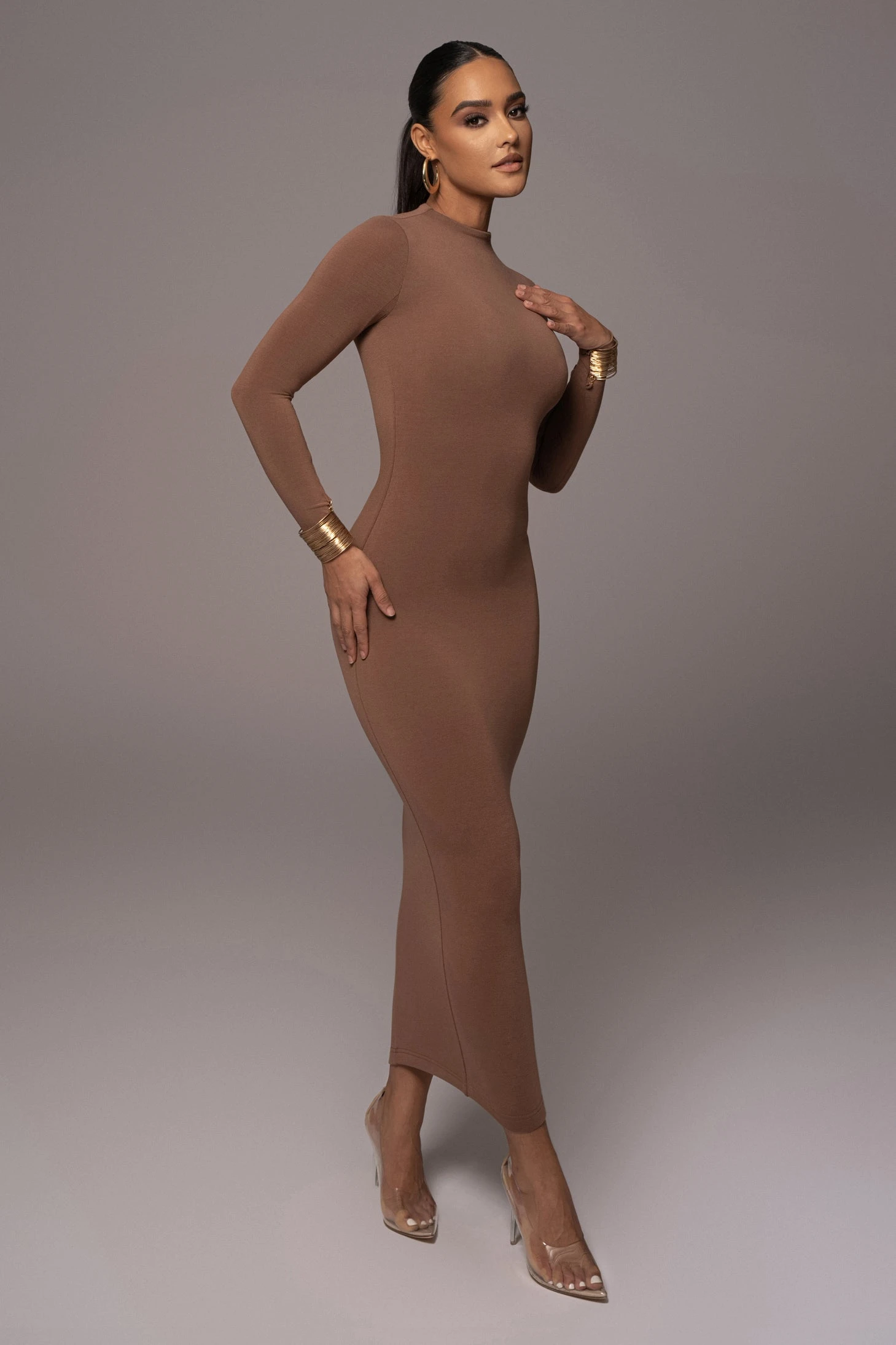 Pecan Lucia Mock Neck Midi Dress